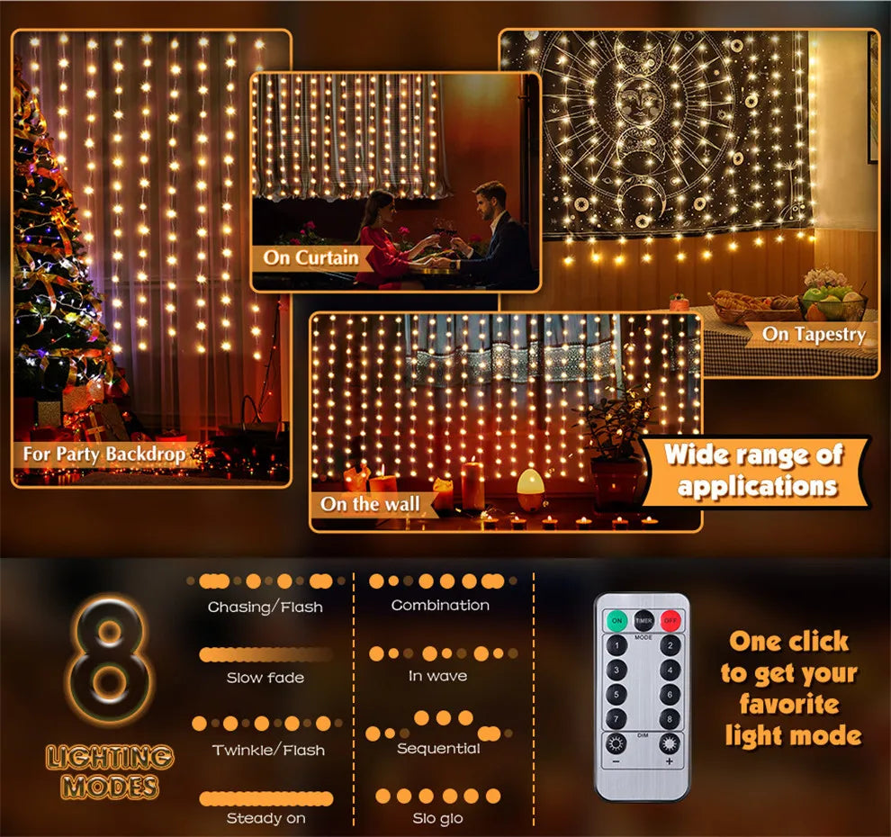 Festive LED Curtain String Lights – 8 Modes USB Powered Fairy Lights for Christmas & Holiday Decor