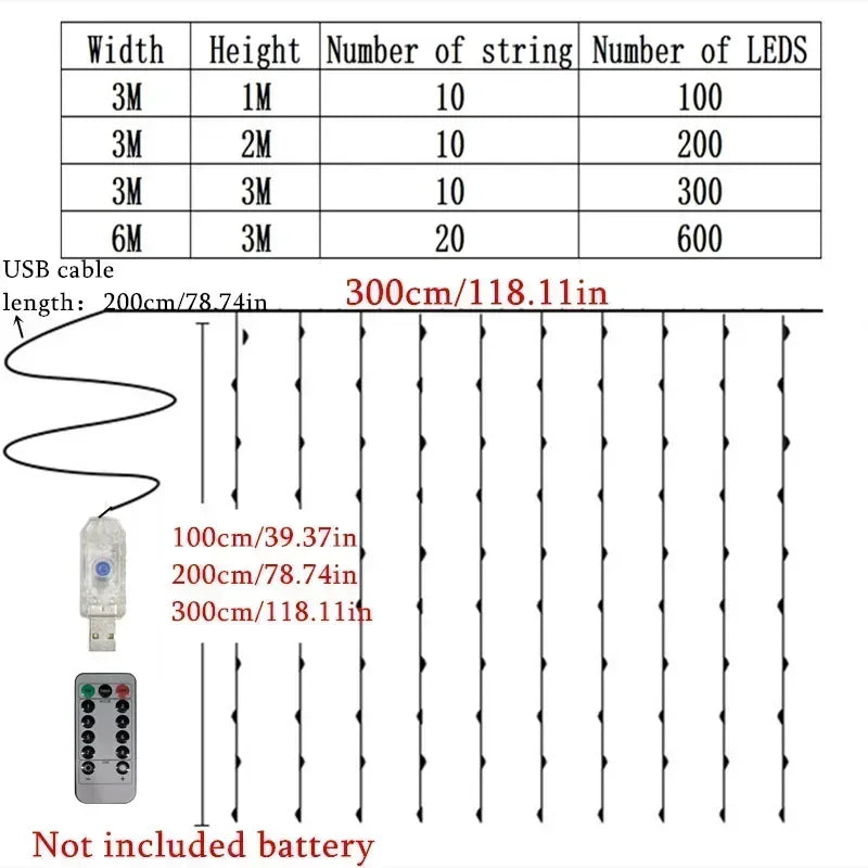 LED Curtain String Fairy Lights – USB 8-Mode Remote Control