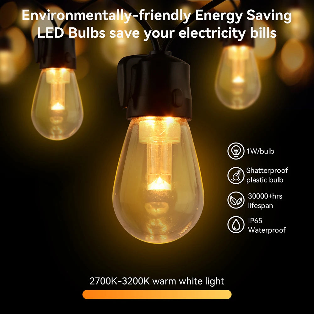 Premium Dimmable S14 Outdoor String Lights – IP65 Waterproof LED Patio Lights