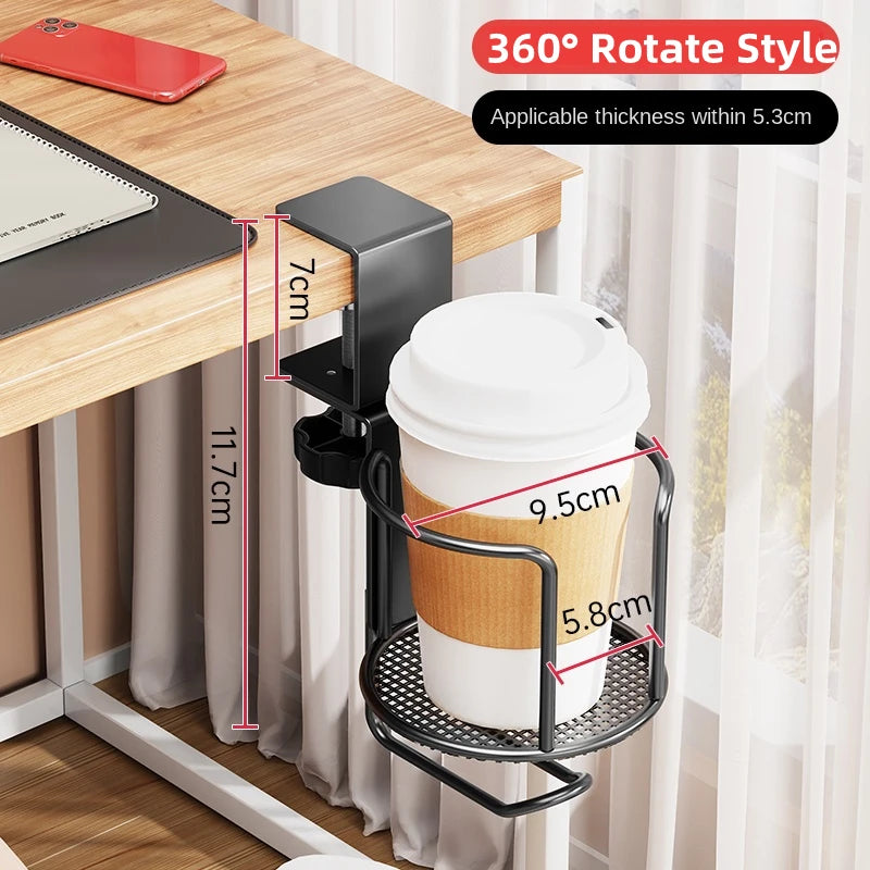 Clamp-On Desk Cup Holder – 360° Rotating No-Drill Drink Holder