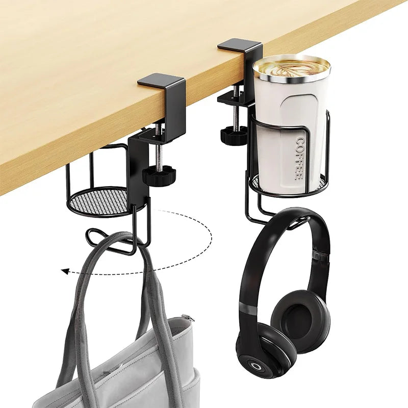 Clamp-On Desk Cup Holder – 360° Rotating No-Drill Drink Holder