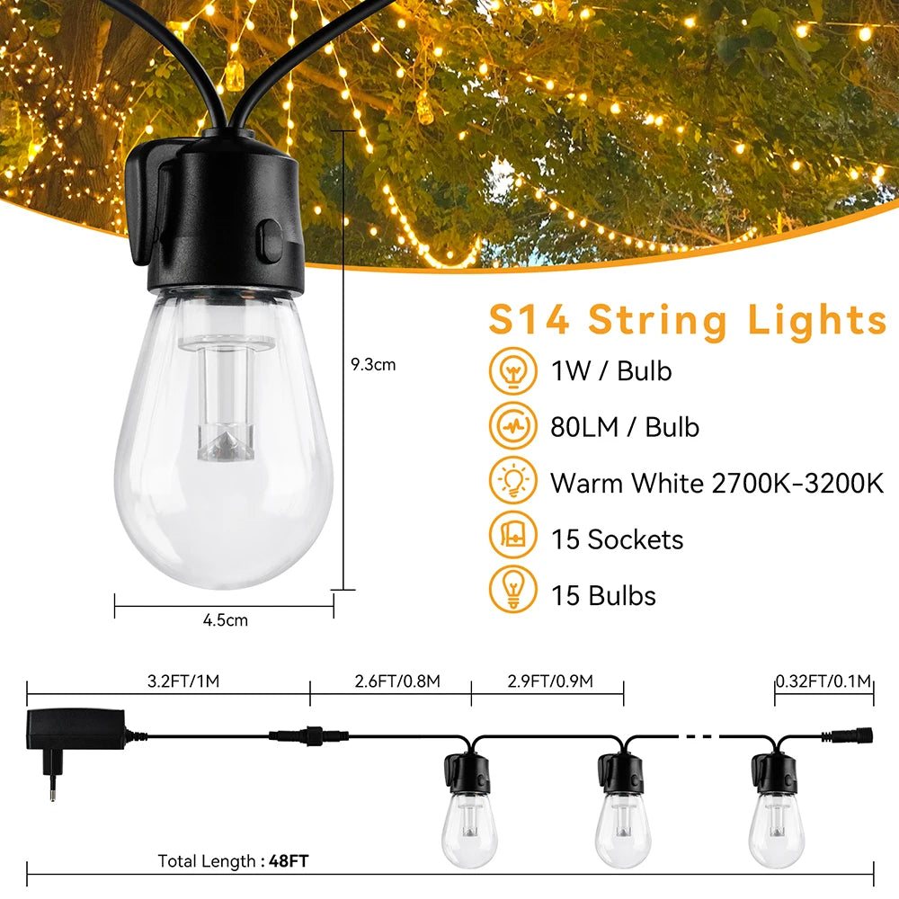 Premium Dimmable S14 Outdoor String Lights – IP65 Waterproof LED Patio Lights