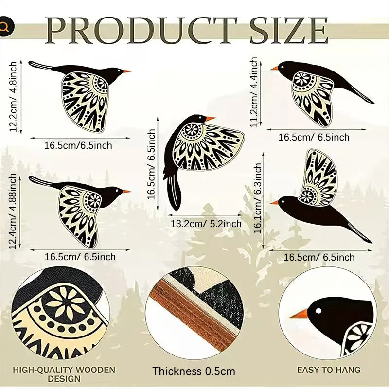 Wooden Bird Silhouette Wall Art Set – 5-Piece Vintage Home Decor