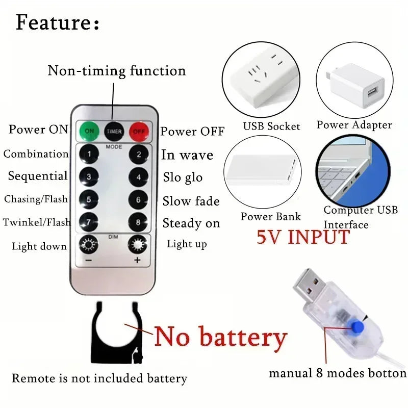 LED Curtain String Fairy Lights – USB 8-Mode Remote Control