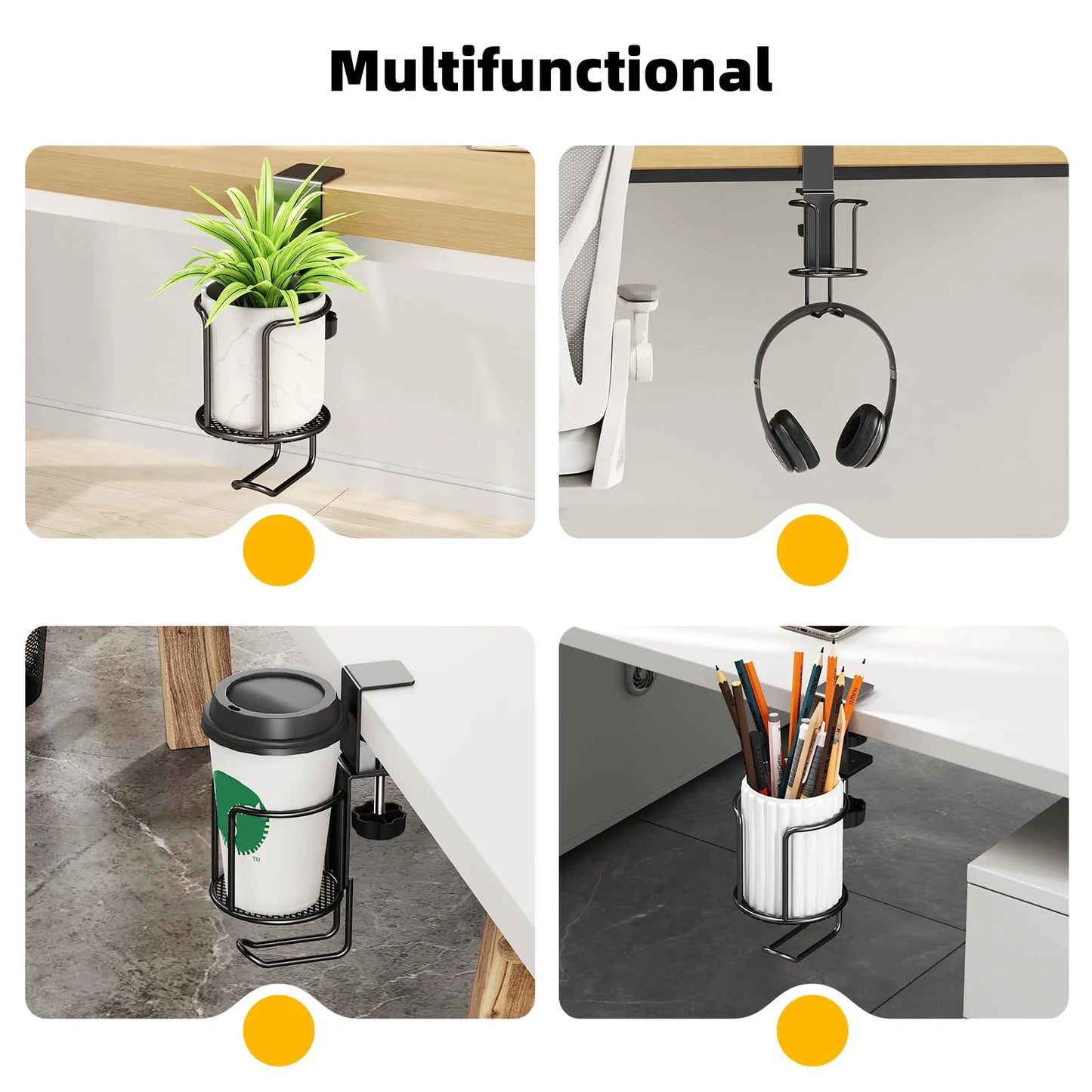 Clamp-On Desk Cup Holder – 360° Rotating No-Drill Drink Holder