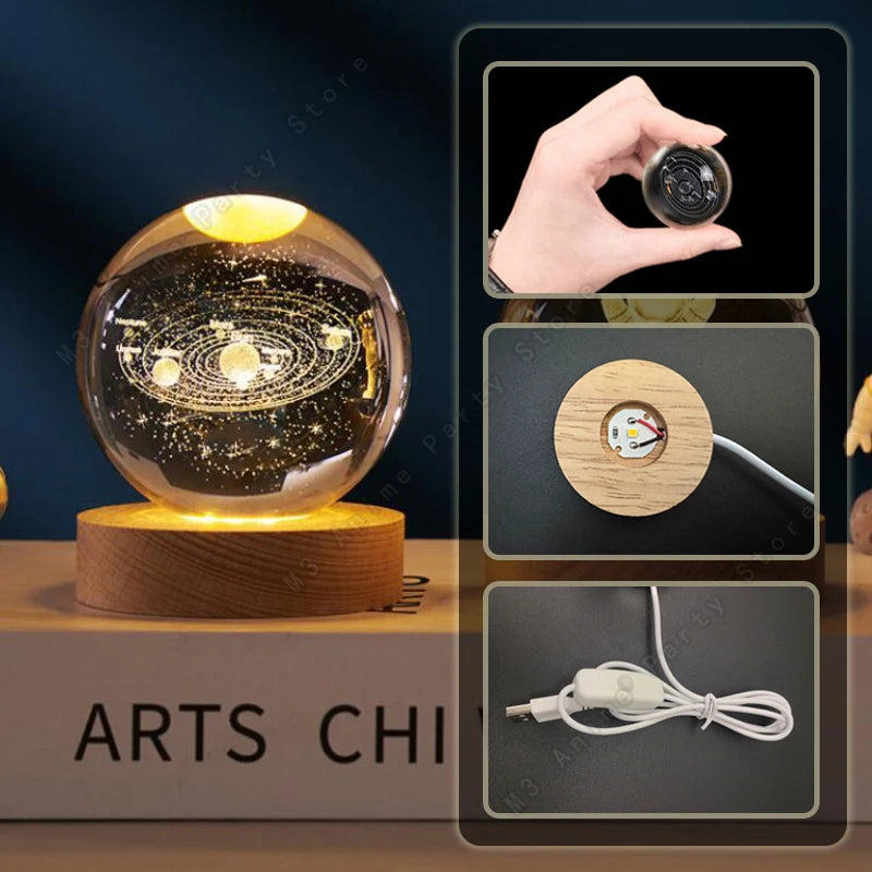 3D Crystal Ball Night Light – Galaxy Moon Solar System LED Lamp
